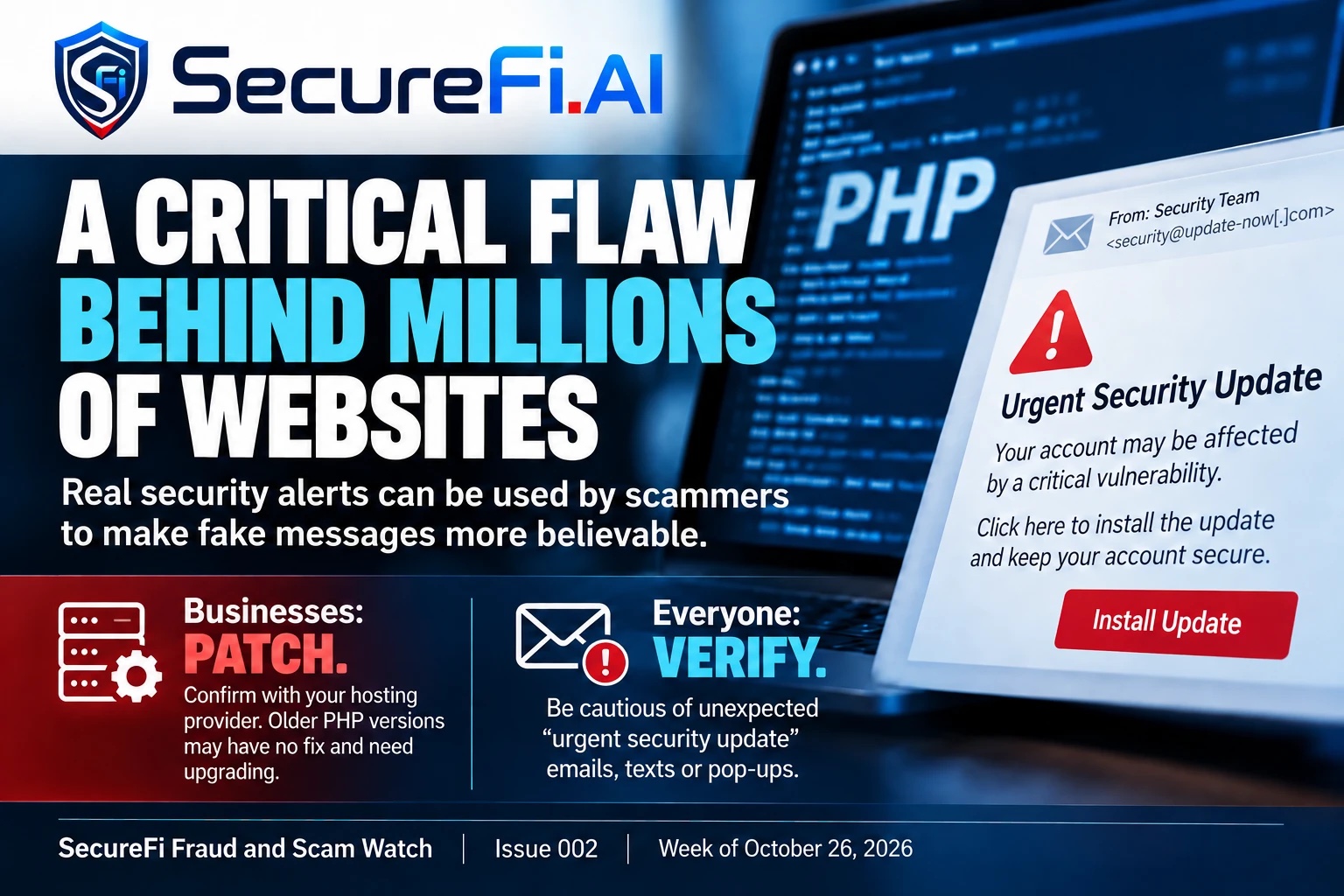 A critical flaw behind millions of websites. Real security alerts can be used by scammers to make fake messages more believable. Businesses: patch. Everyone: verify.