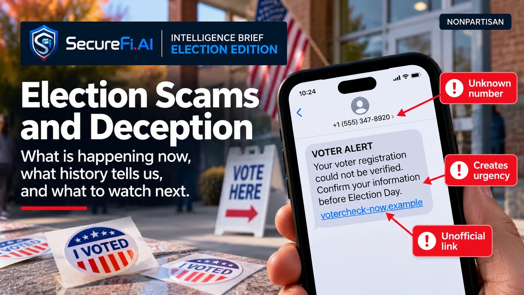 SecureFi Intelligence Brief, Election Edition: Election Scams and Deception. A phone shows a fake VOTER ALERT text, flagged for an unknown number, created urgency and an unofficial link.